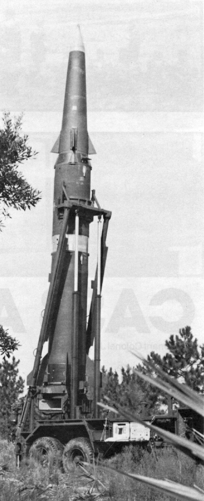 A Pershing II missile raised on its erector-launcher.