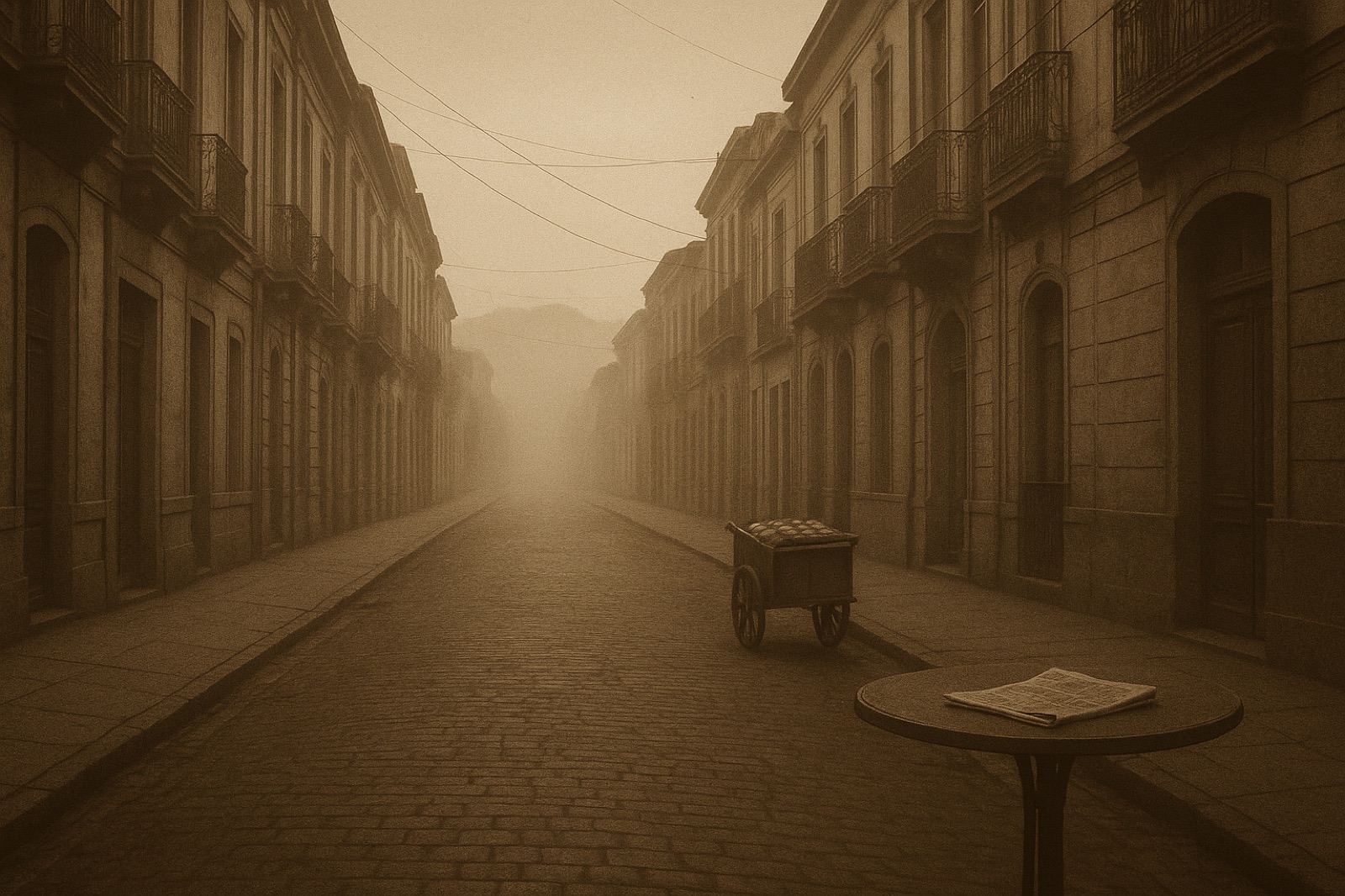 An empty Santiago street at dawn in September 1973 — narrow avenue with stone buildings, wrought-iron balconies, a single cart at the kerb, mist at the far end, distant Andes barely visible.
