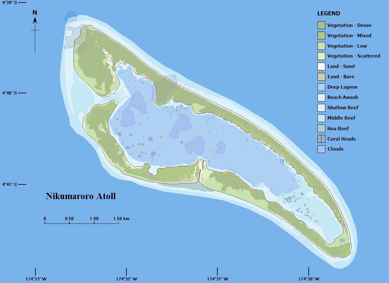 A satellite-style aerial image of Nikumaroro, formerly Gardner Island — an elongated coral atoll enclosing a pale turquoise lagoon, ringed by reef and surf in the open ocean.