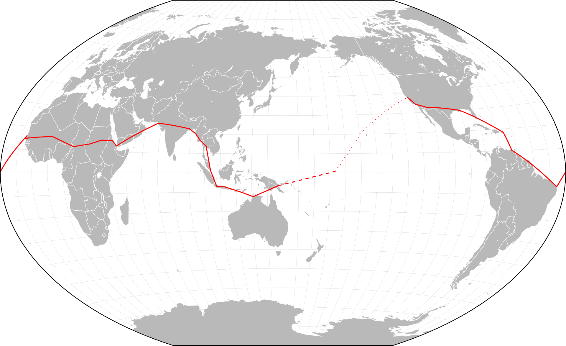 A world map showing Amelia Earhart's 1937 round-the-world route as a red line running eastward near the equator from the Americas across Africa, Asia, and the Pacific, with the final leg from New Guinea to Howland Island and on toward Hawaii shown as a dashed line.