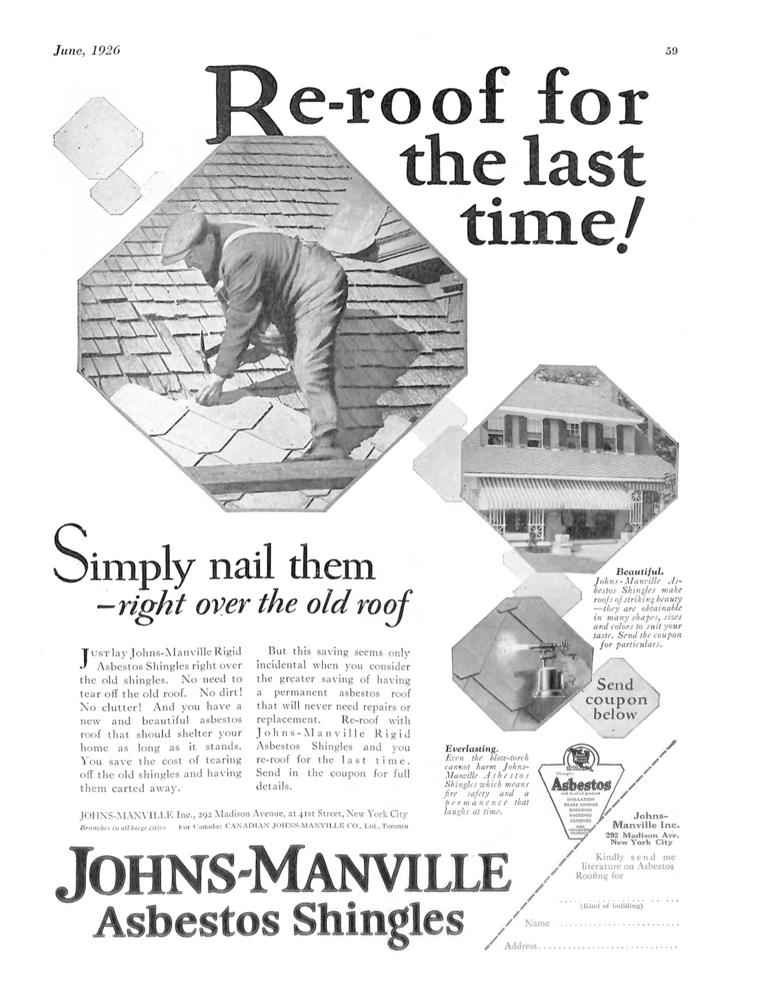 A 1926 Johns-Manville advertisement promoting asbestos shingles.