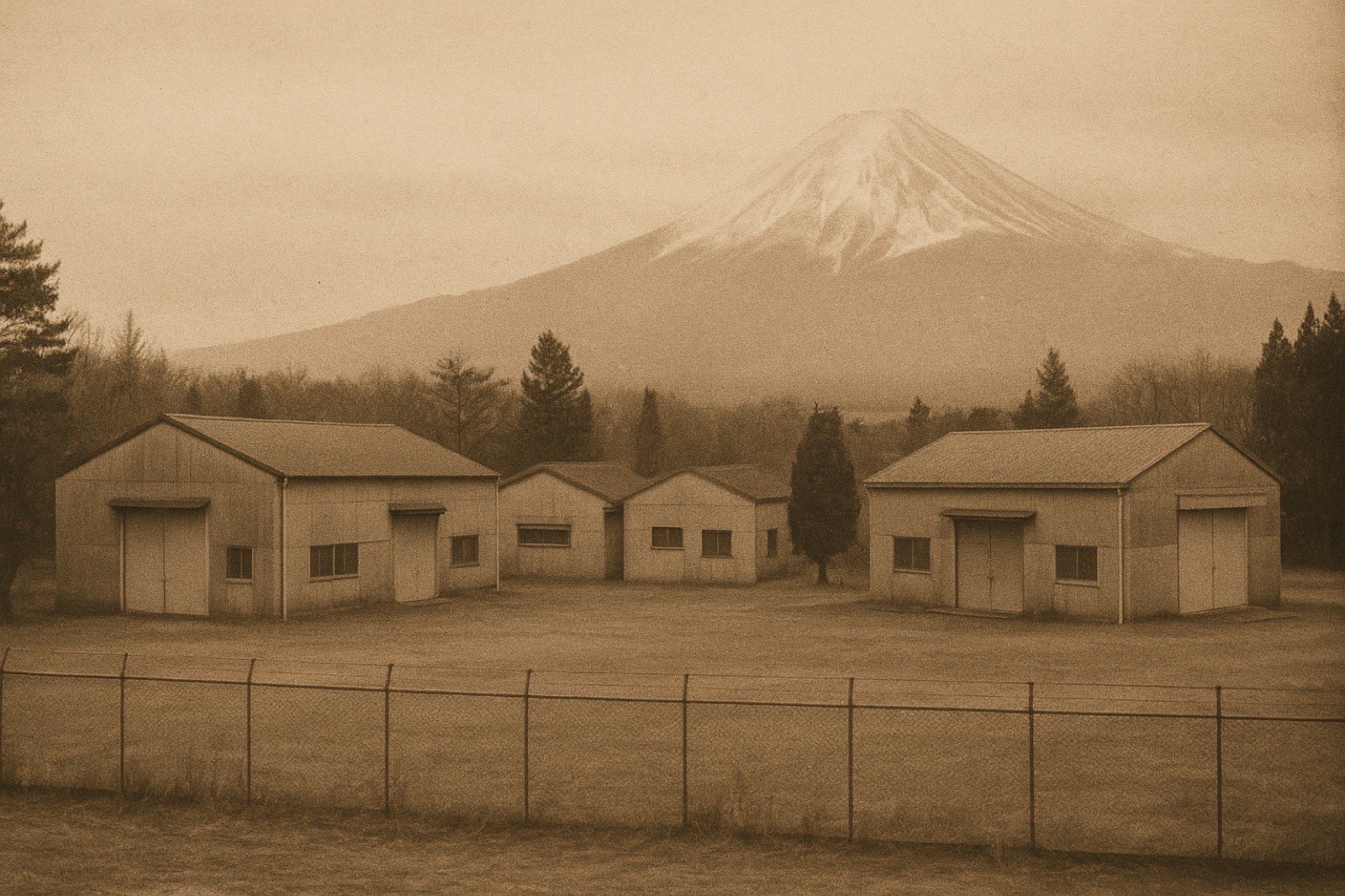 A small cluster of warehouse-style industrial buildings in a remote rural valley at the foot of Mt Fuji — corrugated metal and concrete buildings, a perimeter fence, sparse pine and cypress trees, overcast sky.