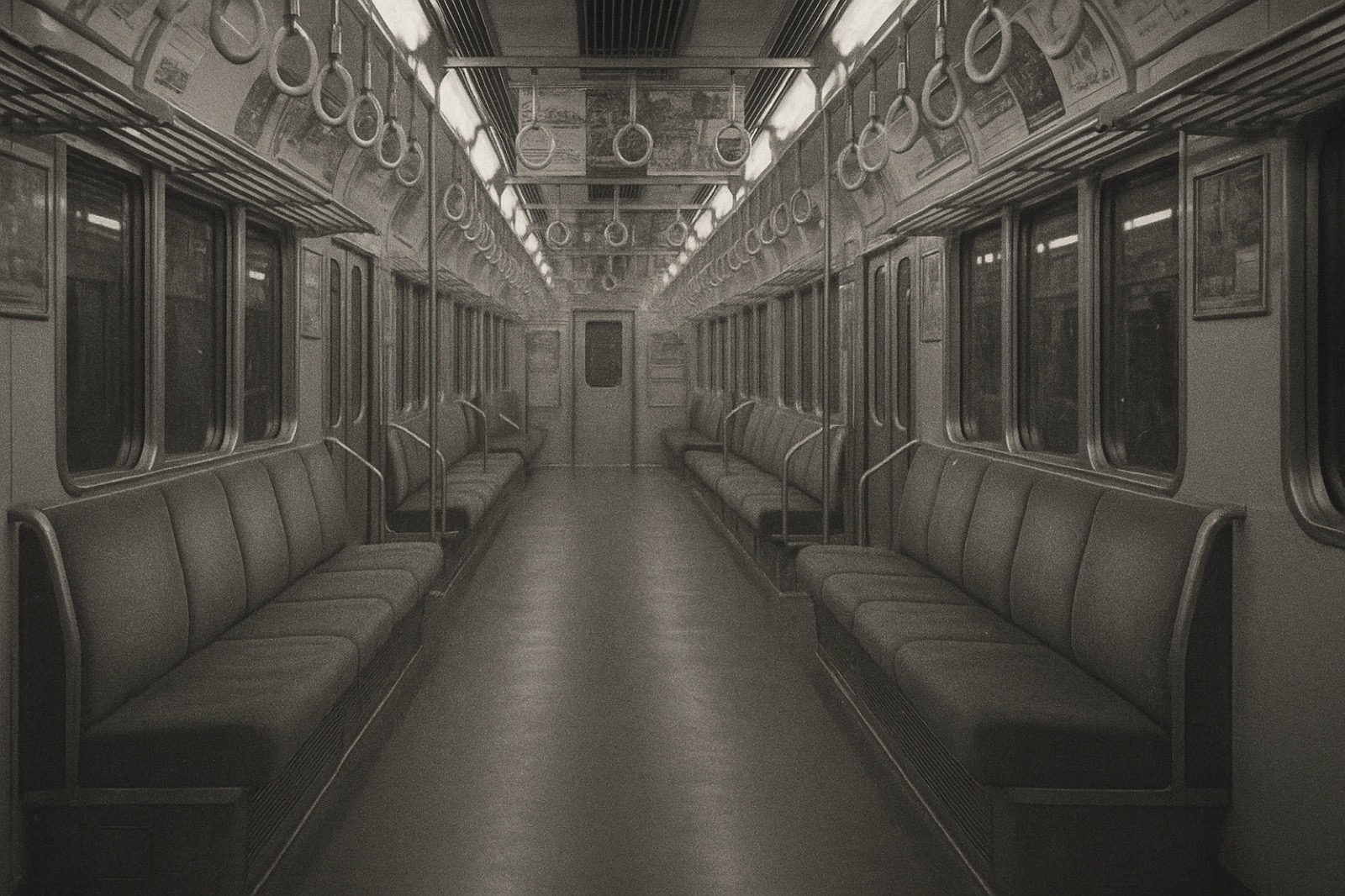 The interior of a Tokyo subway car at end of operating day — completely empty, rows of bench-style upholstered seats on both sides, stainless-steel handrails, overhead fluorescent lighting, doors closed.