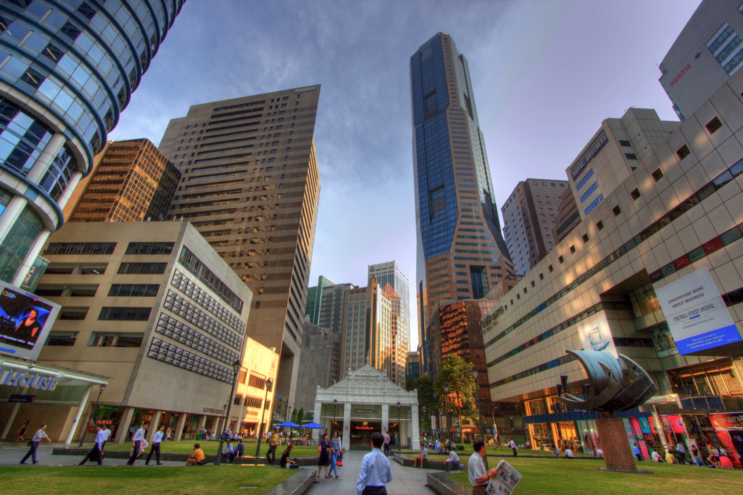 Raffles Place in Singapore, the heart of the city's financial district, with tall office towers.
