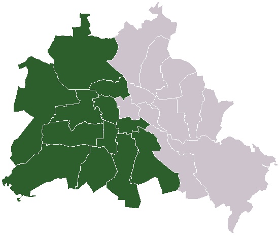 A map of divided Berlin showing the boundaries of the western sectors within the city.