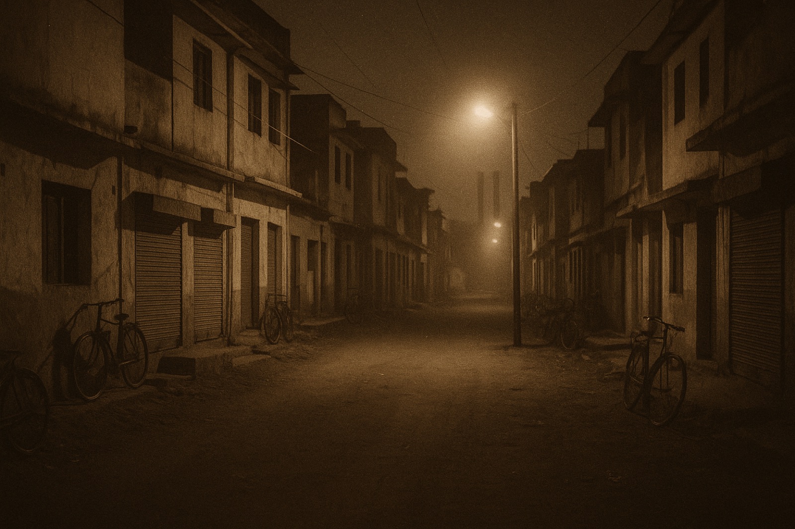 A narrow street in a low-rise central-Indian neighborhood at approximately 1:00 a.m. on a cool winter night — two-storey concrete houses with shuttered storefronts, a single yellow streetlight casting a pool on the dirt road, scattered bicycles, distant silhouette of industrial smoke stacks, a faint haze in the air.