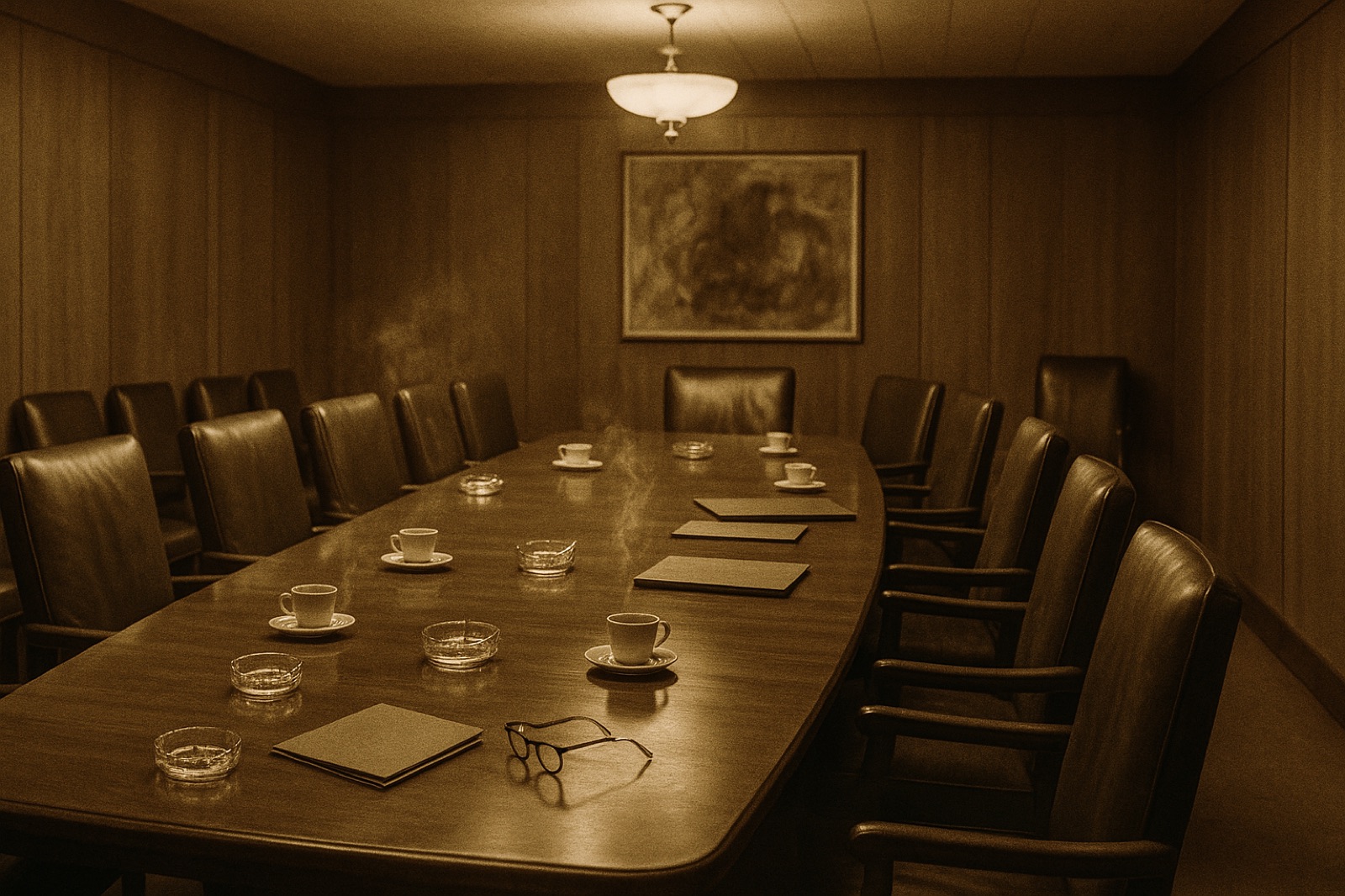 An empty mid-century executive boardroom at the end of a meeting — a long polished mahogany table with twelve high-backed leather chairs in dark green, glass ashtrays with cigarette stubs and used coffee cups on the table, wood-panelled walls, an abstract oil painting, overhead chandelier light, cigarette smoke visible in the air at chest height.
