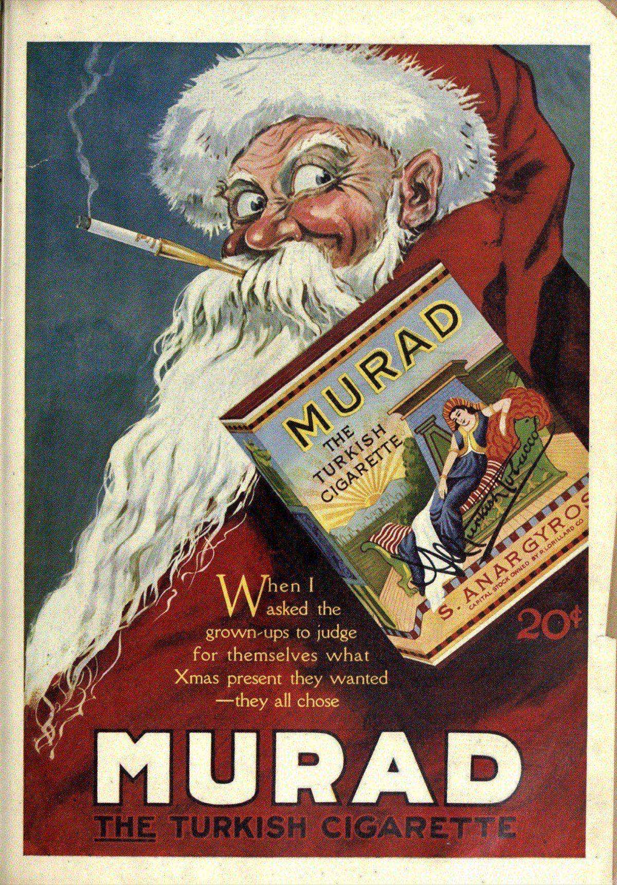 A vintage Murad cigarette advertisement from 1919, depicting a Santa Claus figure offering a cigarette as a Christmas gift.