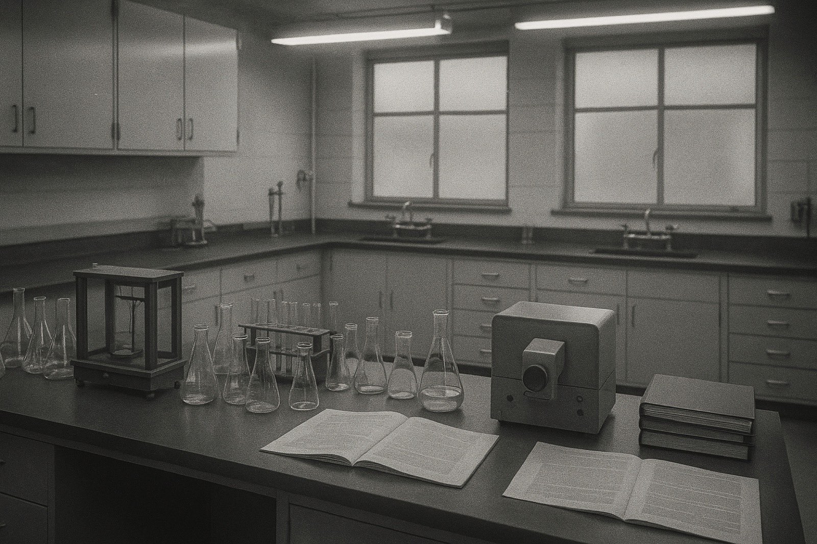 A generic mid-century industrial research laboratory at end of working day — a long bench with rows of glass beakers, flasks, test tubes in racks, an analytical balance, a spectrometer, bound notebooks, journal pages; overhead fluorescent tubes; frosted-glass windows at the rear.