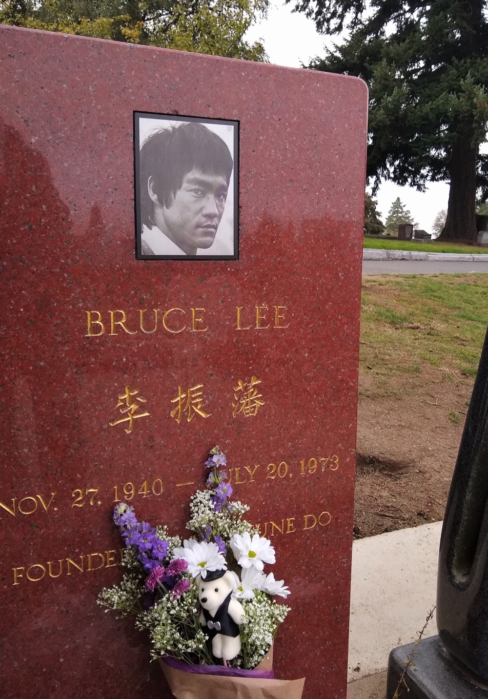The grave of Bruce Lee at Lake View Cemetery in Seattle.