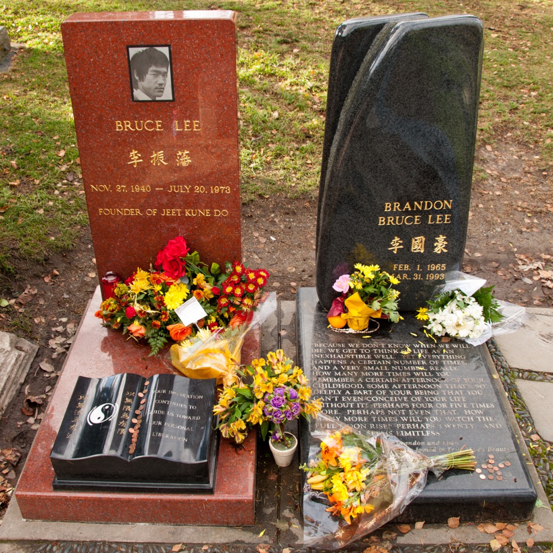 The adjacent graves of Bruce Lee and his son Brandon Lee at Lake View Cemetery in Seattle.
