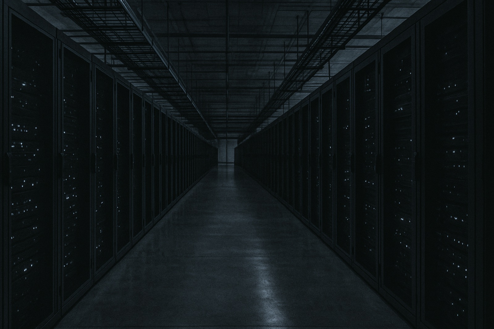 A modern data-center server room at night with long rows of black server cabinets stretching into the distance, cool blue indicator lights, polished concrete floor.