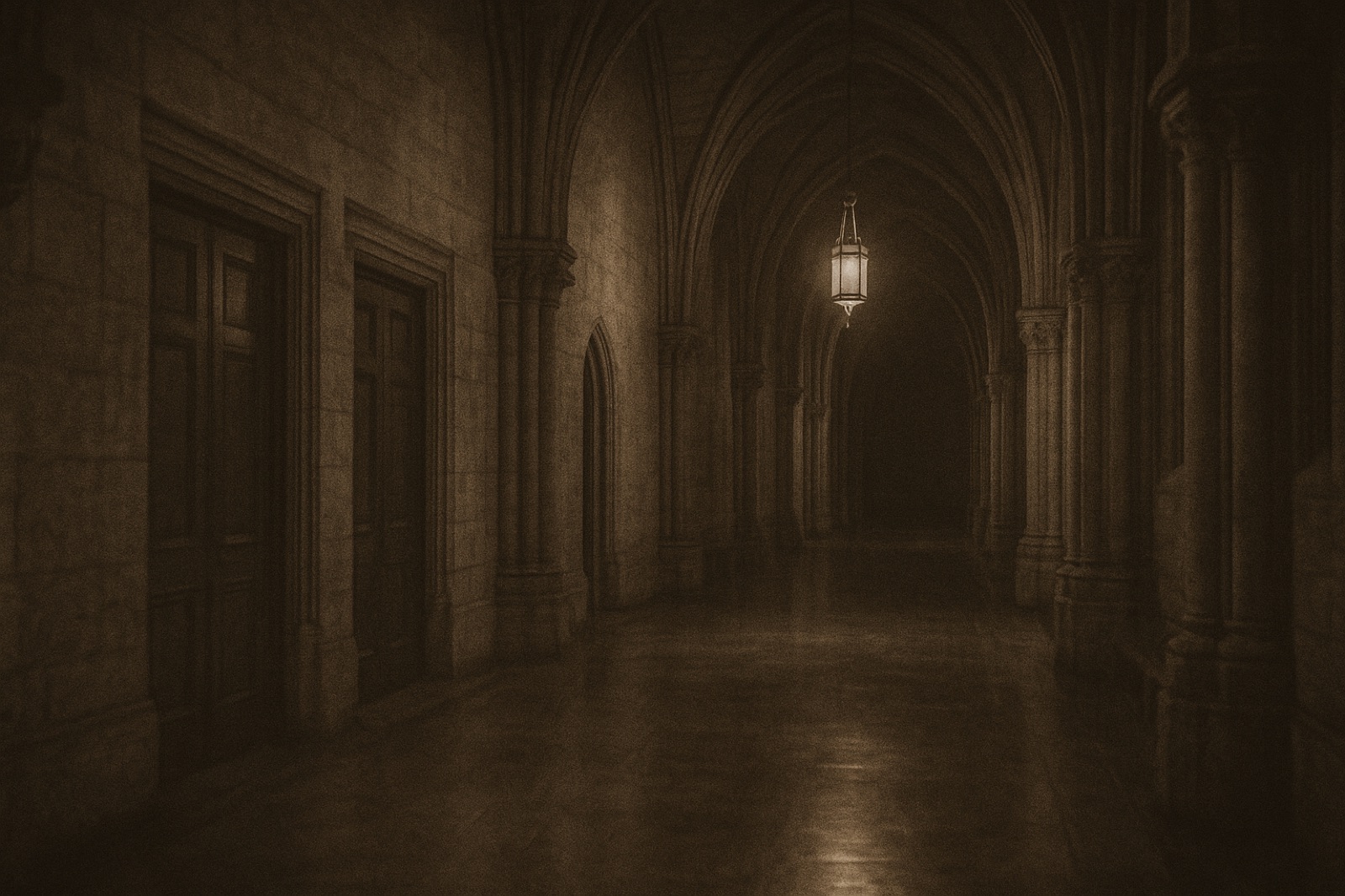 An empty cathedral side-corridor at night, marble floor, dark wooden doors lining the wall, a single hanging brass lamp.