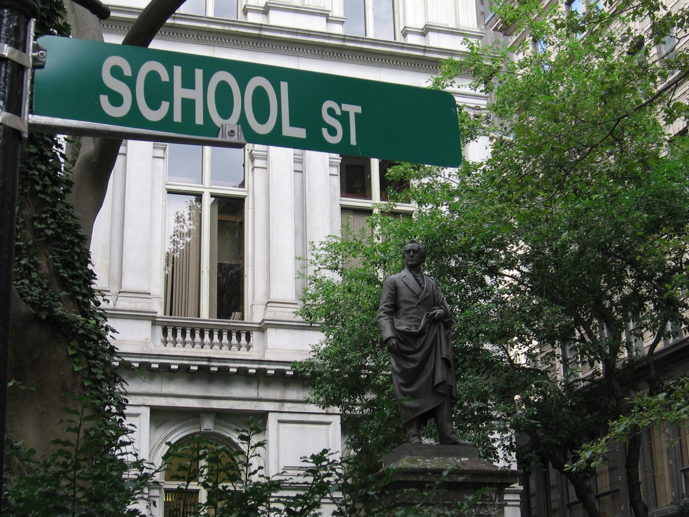 School Street in Boston, a narrow downtown street lined with historic stone and brick buildings.