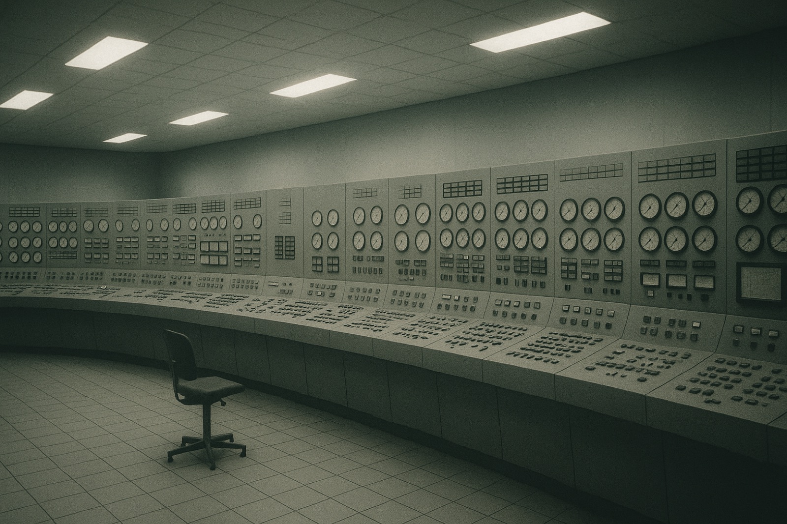 A nuclear power plant control room from the mid-1980s, photographed from the rear looking forward — a long curved bank of analogue instruments with mechanical needle gauges, push-button arrays, switches, paper-strip chart recorders; overhead fluorescent lighting; an empty operator's chair on a tiled floor; pale institutional walls.