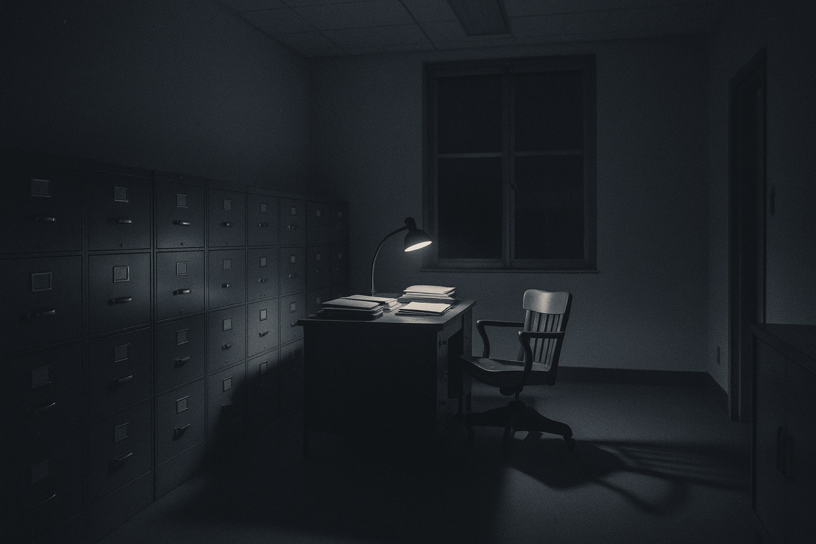 An empty FBI office at night, March 1971, with grey steel filing cabinets, a single desk lamp, stacks of manila folders, moonlight on the floor.