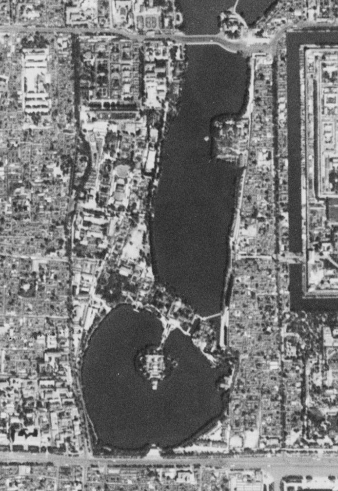 A declassified Corona satellite image of Zhongnanhai, the Chinese leadership compound in Beijing.
