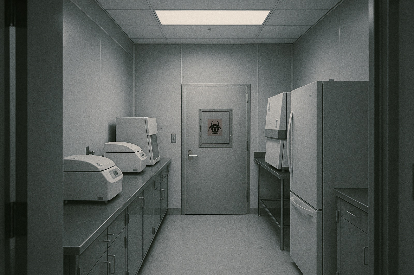 A generic BSL-3 biocontainment laboratory interior, photographed from the doorway looking in — a long stainless-steel workbench with sealed centrifuge units, a biological safety cabinet, sealed sample storage refrigerators, a fume hood, a red-and-yellow biohazard symbol on a sealed pass-through hatch, overhead fluorescent lighting.