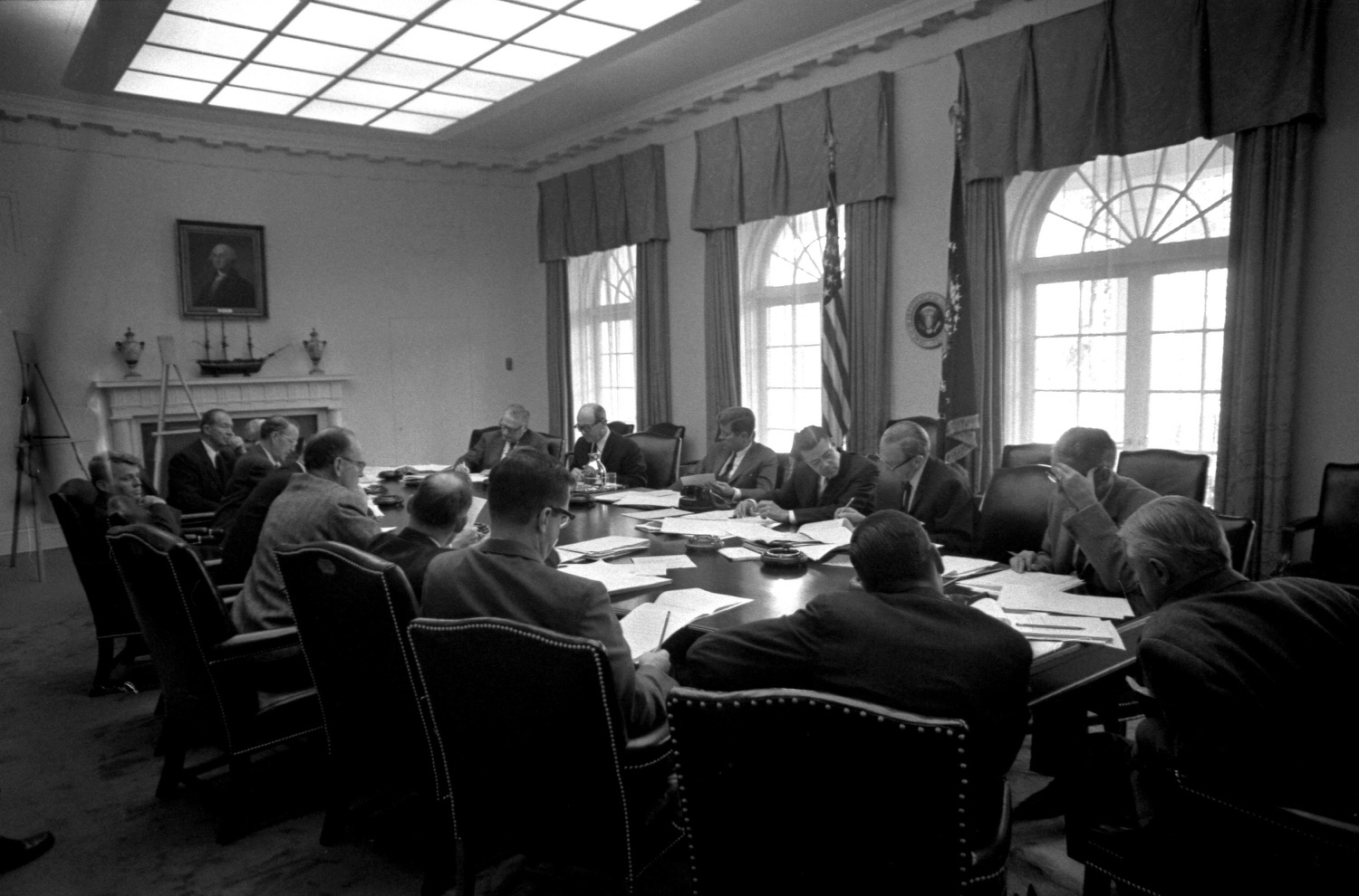 A meeting of the Executive Committee (ExComm) during the Cuban Missile Crisis.