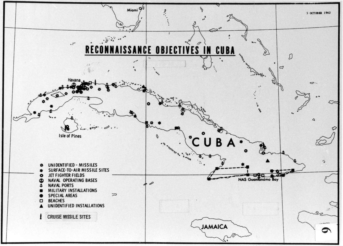 A 1962 map showing reconnaissance objectives and missile ranges in Cuba.