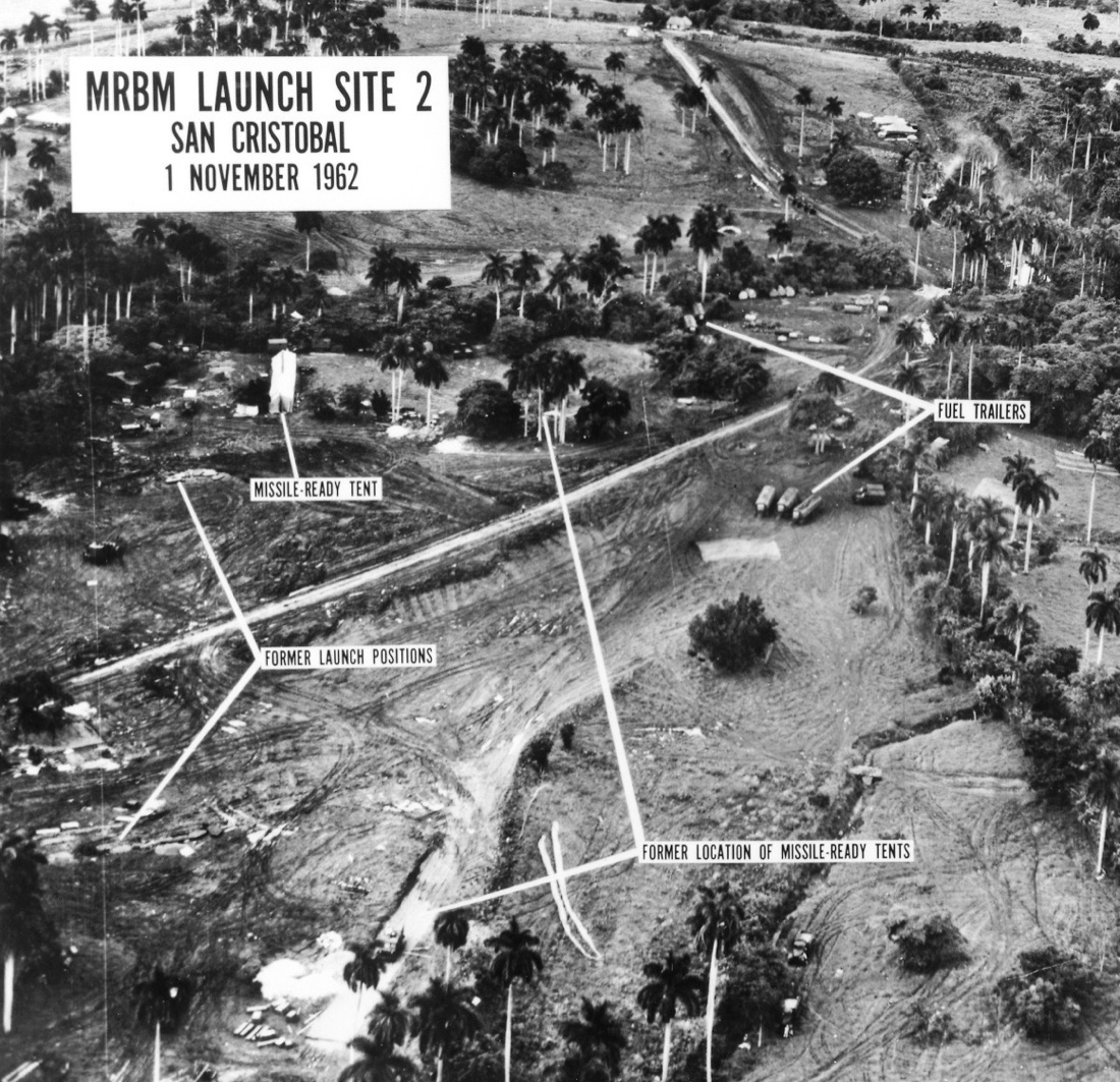An annotated U-2 reconnaissance photograph identifying Soviet missile equipment in Cuba.