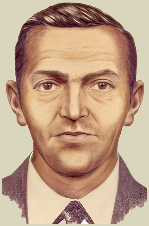 The FBI composite sketch of D.B. Cooper — a drawing of a clean-shaven middle-aged man with a high forehead, dark hair combed back, level eyebrows, and a narrow dark tie, rendered in muted sepia tones.