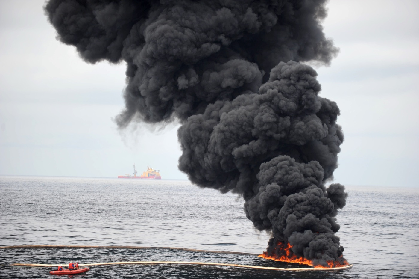 Smoke rising from a controlled burn of oil on the surface of the Gulf of Mexico during the Deepwater Horizon response.