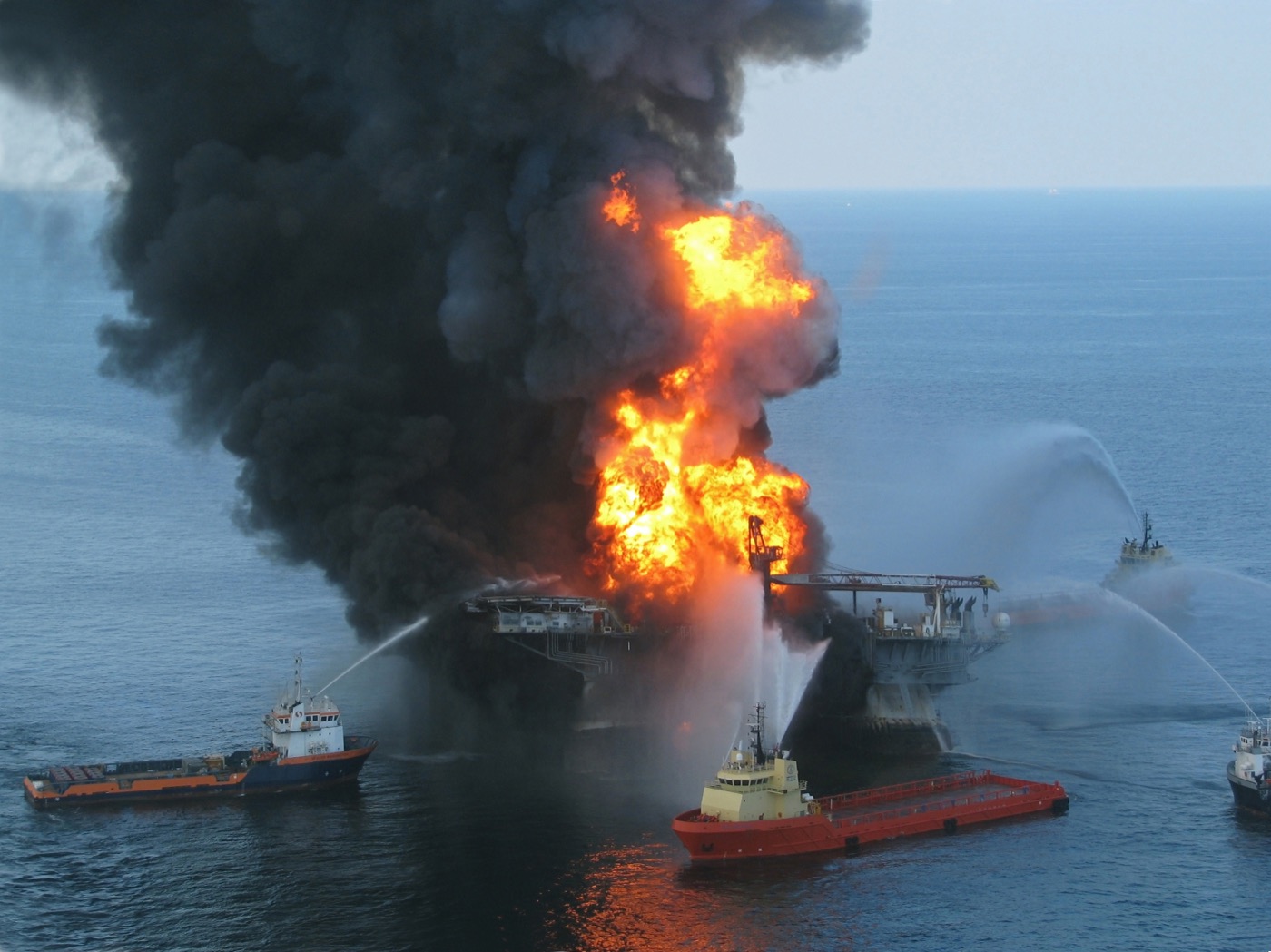 The Deepwater Horizon offshore drilling rig engulfed in flames and smoke in the Gulf of Mexico in April 2010.