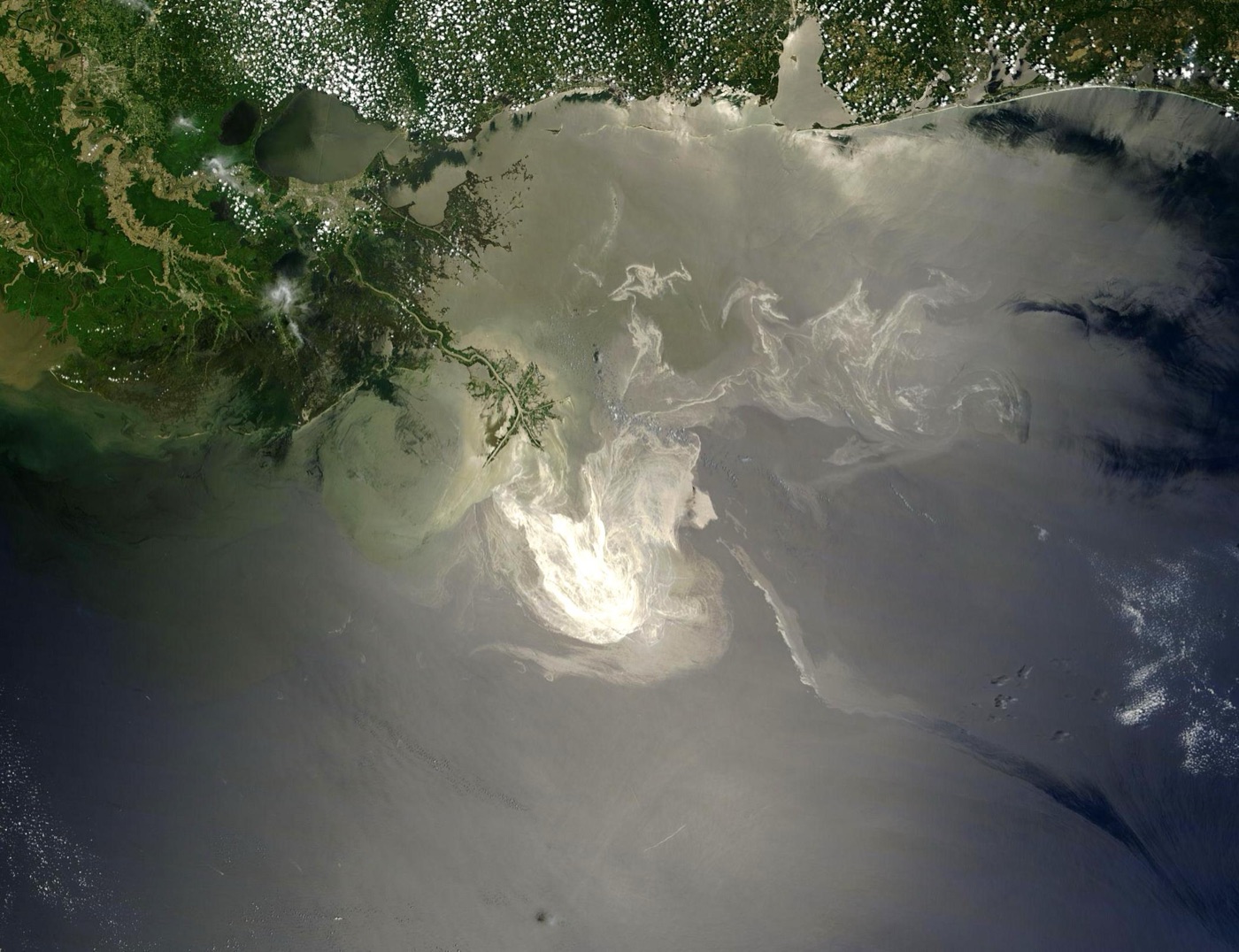 A satellite image of the oil slick spreading across the Gulf of Mexico from the Deepwater Horizon spill in May 2010.