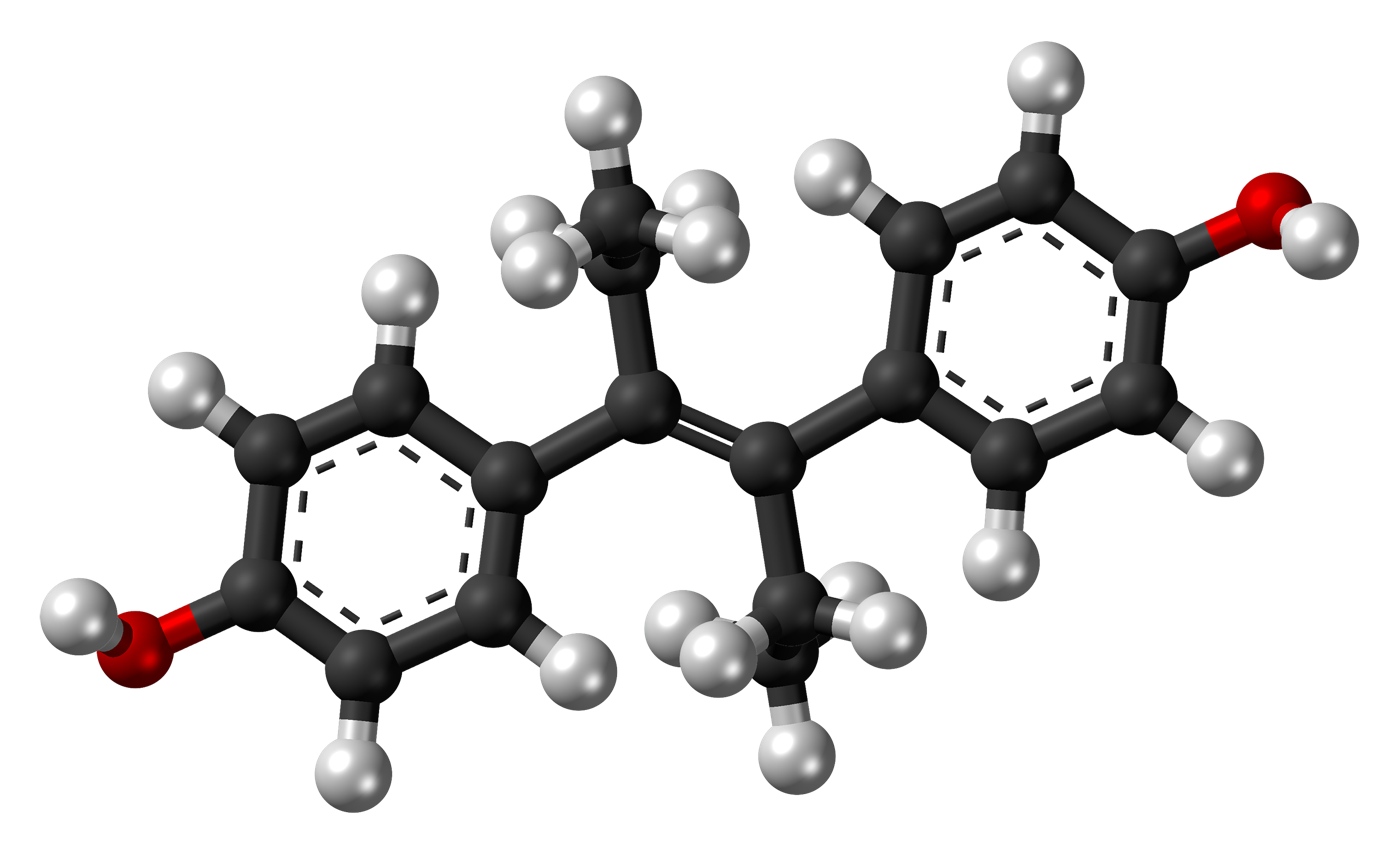 A ball-and-stick model of the diethylstilbestrol molecule, showing its carbon, oxygen, and hydrogen atoms.