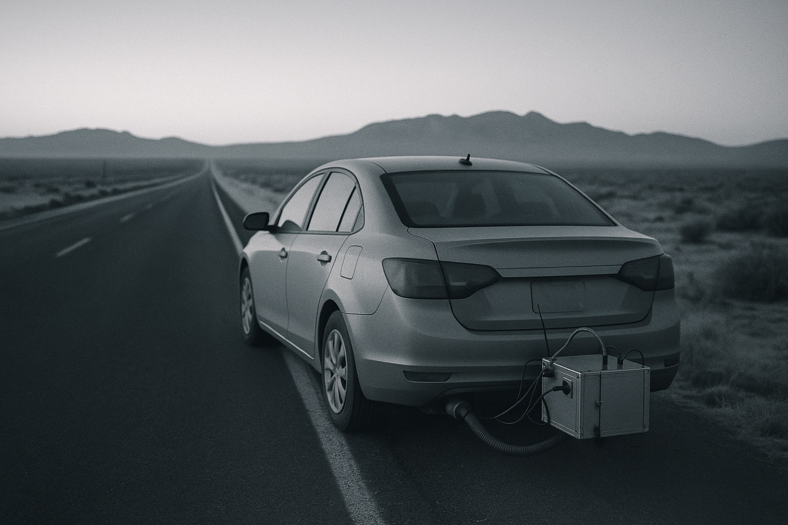 A sedan parked on an empty desert highway at dawn with external emissions-monitoring equipment strapped to its rear bumper, distant mountains, long road.