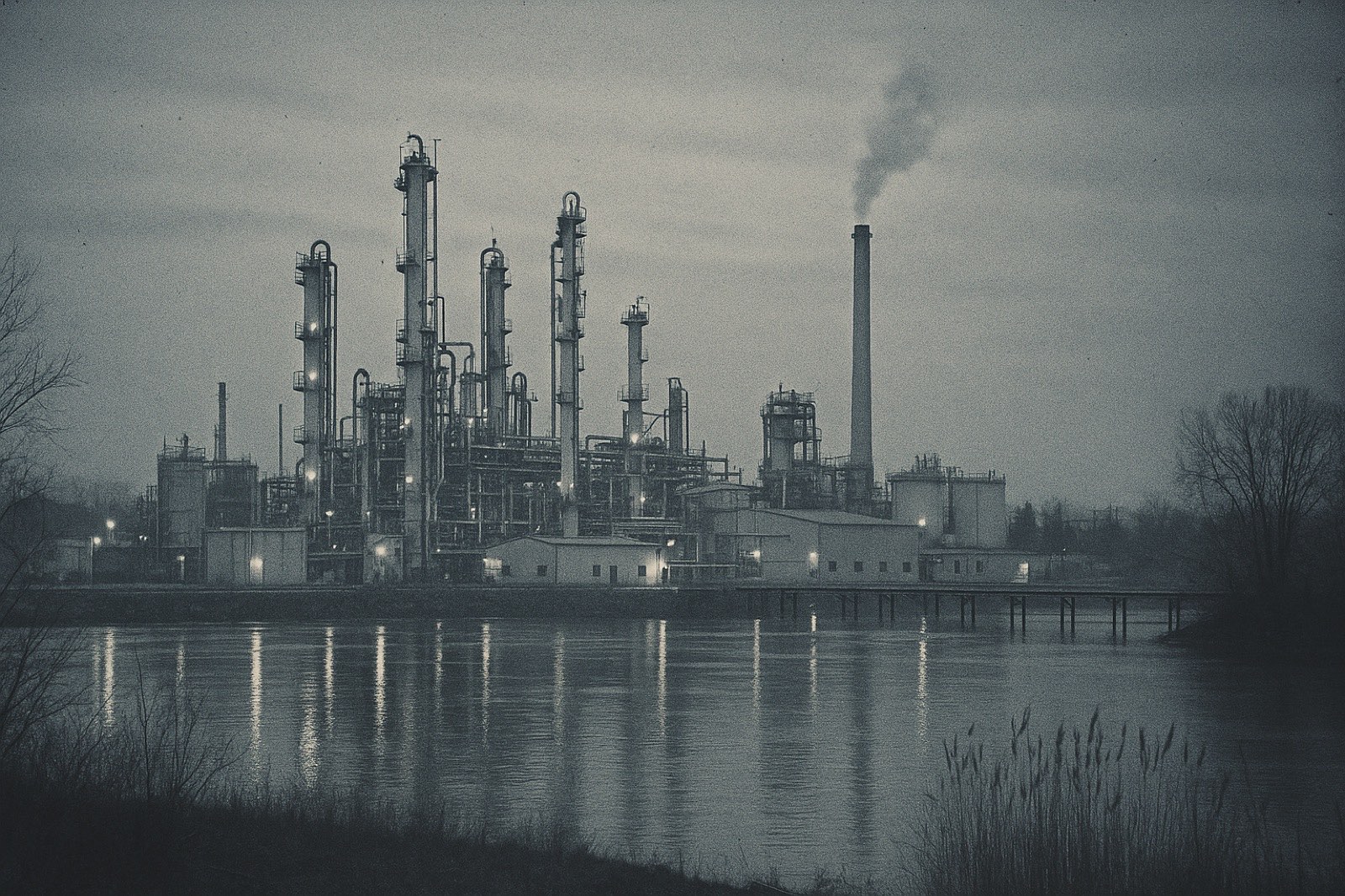 A large industrial chemical plant complex viewed from across a wide river at twilight — white-painted distillation towers, tall chimney releasing white steam, low warehouse buildings, a long pier extending into the river; the river reflects the plant lights; bare trees and tall reeds on the near shore.