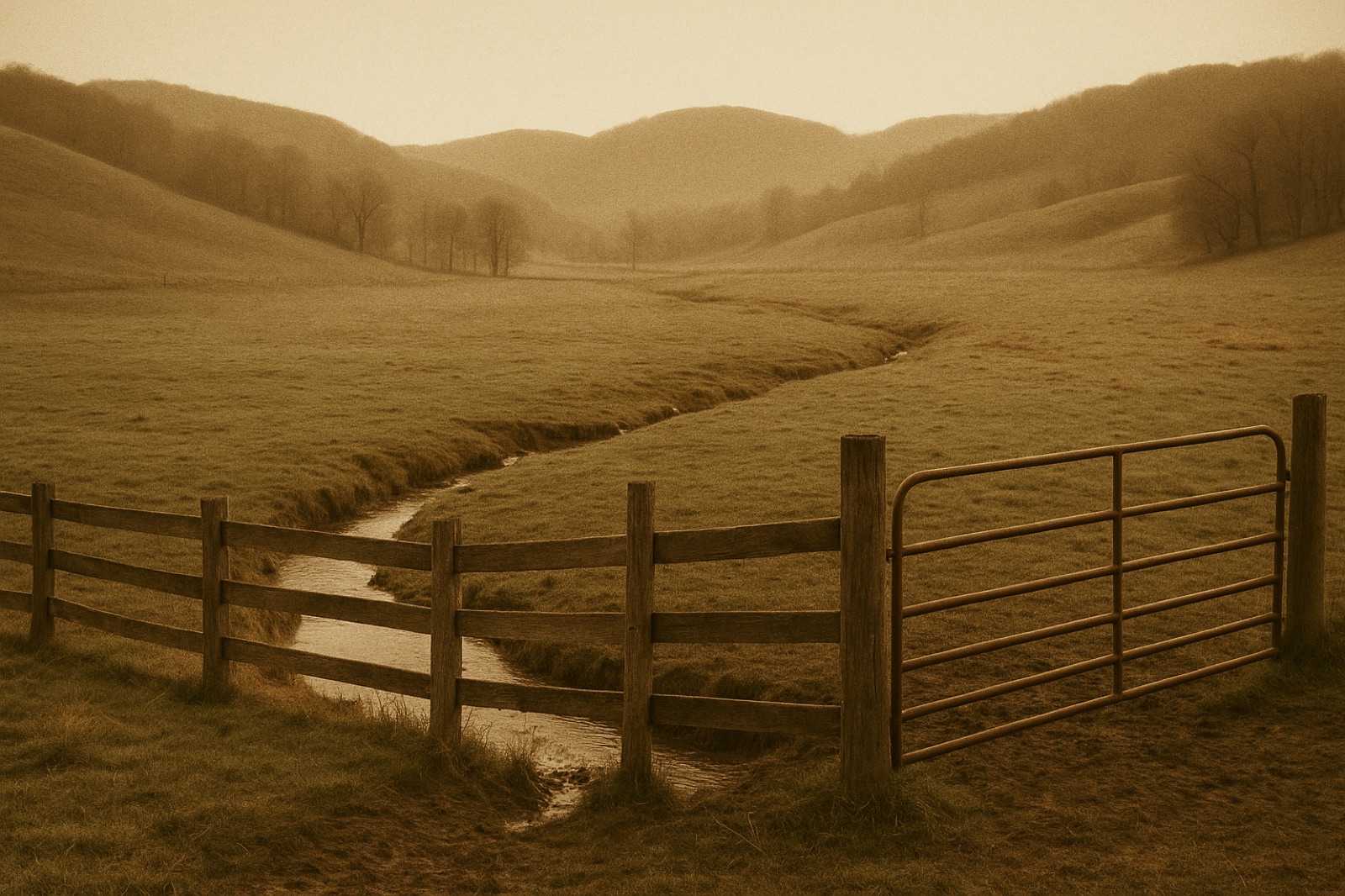 An empty cattle pasture in Appalachian West Virginia at first light — rolling green-and-brown hills, weathered wooden fencing, a rusty cattle gate, a small clear creek running through the pasture; muddied ground at the creek's edges; a few patches of yellowed grass.