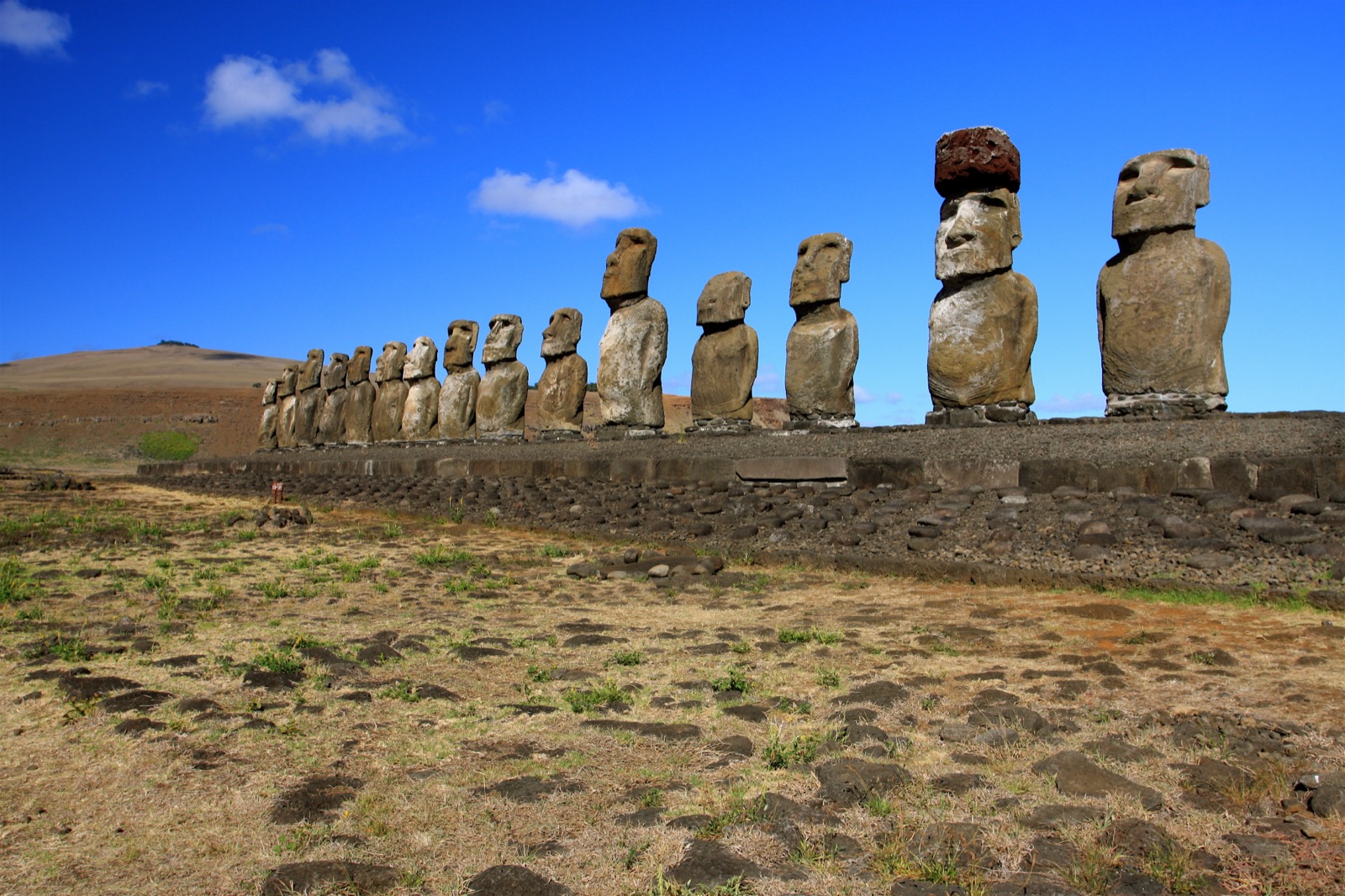 The row of fifteen restored moai standing on the stone platform of Ahu Tongariki on Easter Island, silhouetted against the sky.