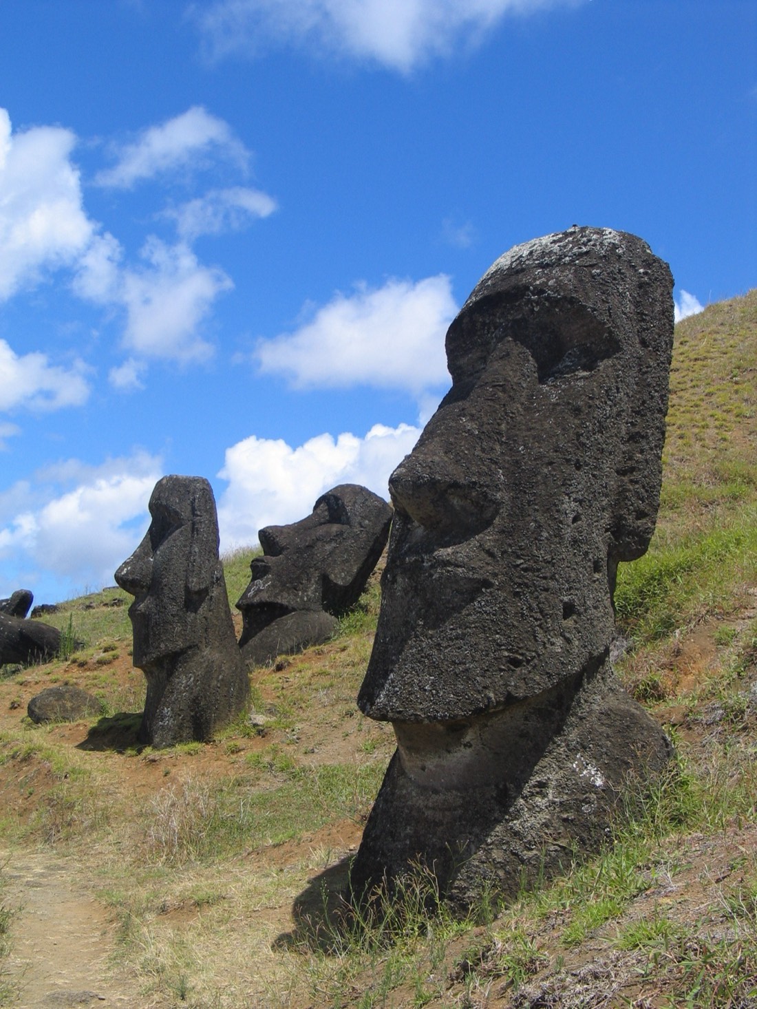 Moai buried up to their shoulders on the grassy slope of Rano Raraku, only their heads and upper bodies visible.
