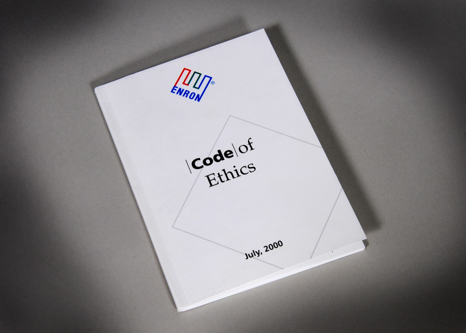 The cover of Enron's Code of Ethics booklet, a corporate document setting out the company's stated ethical principles.