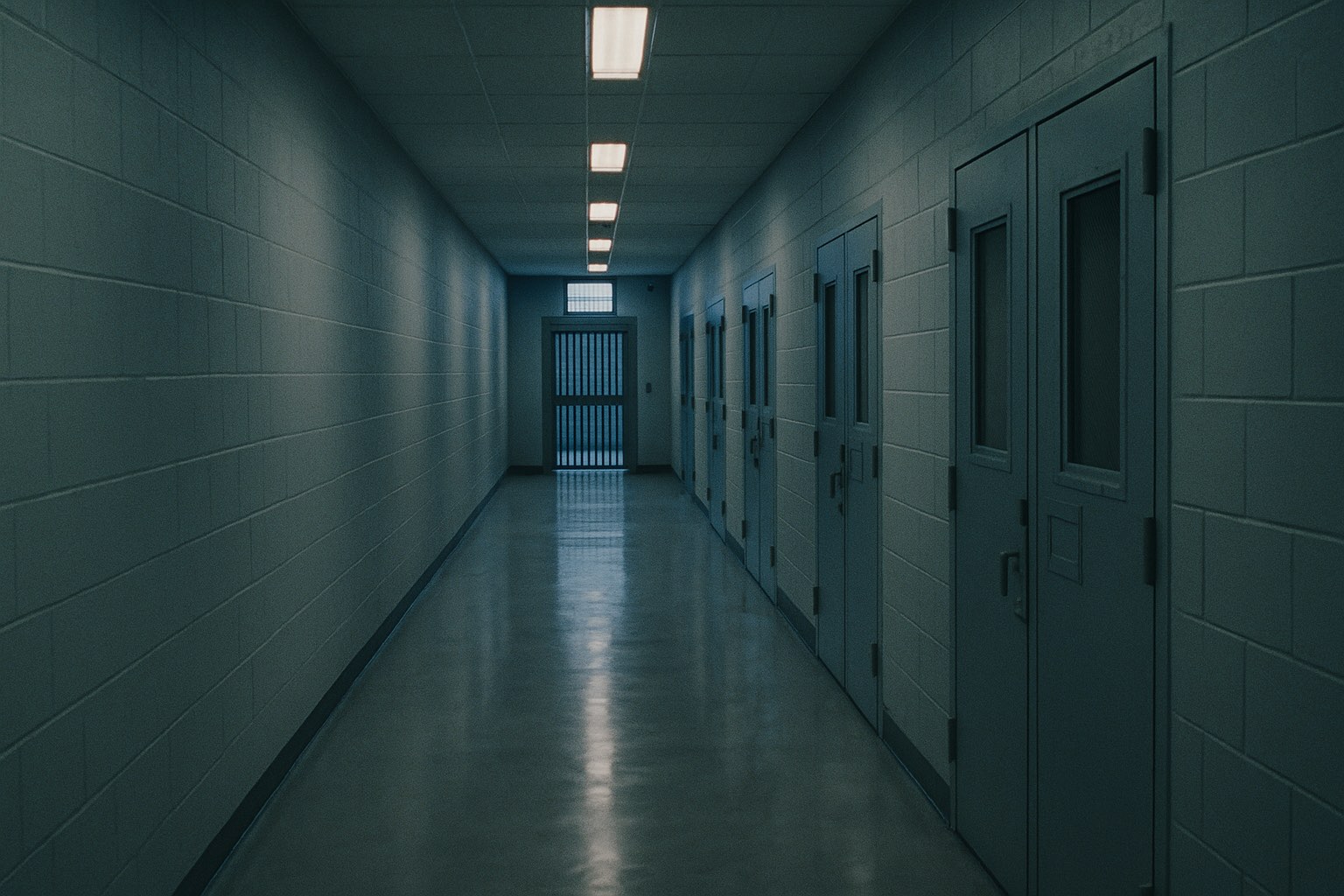 A long empty federal prison corridor at dawn — pale grey concrete-block walls, polished sealed-concrete floor reflecting overhead fluorescent strip lighting, a row of identical heavy steel cell doors on the right, a closed steel security gate at the far end with a small surveillance camera in the corner. No people.