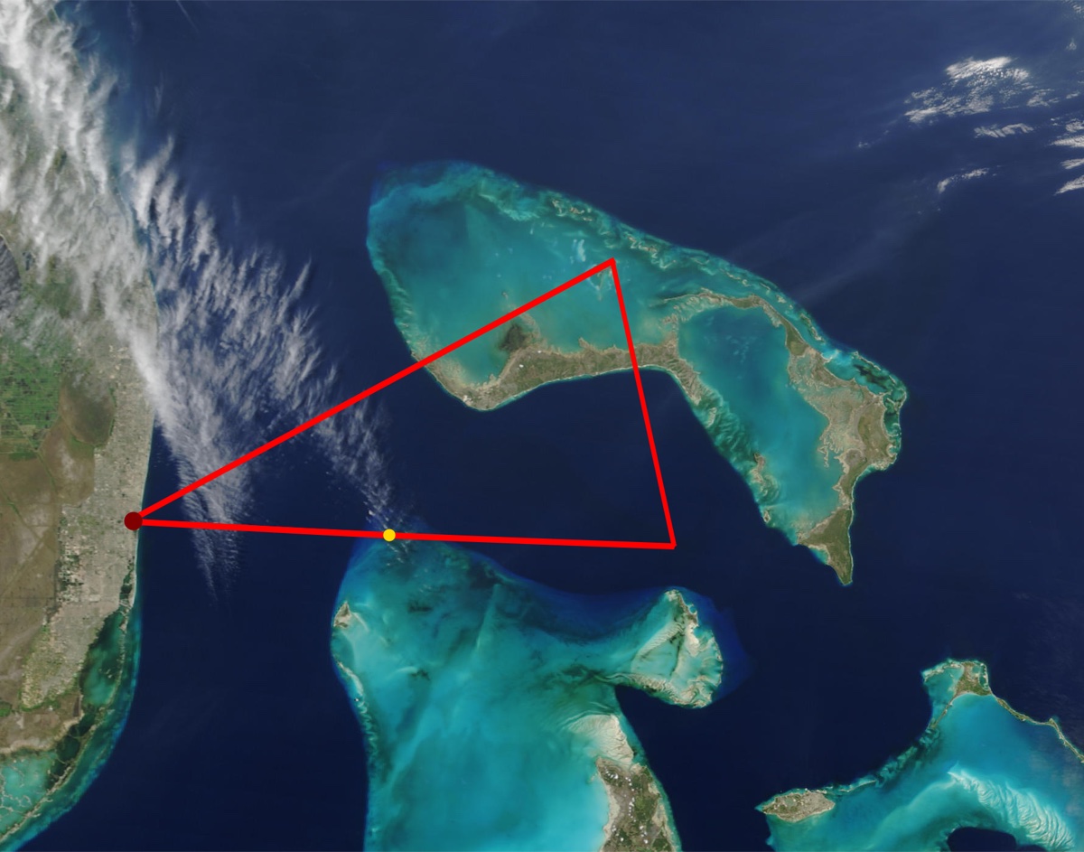 A map showing the likely route and area of Flight 19's disappearance off the coast of Florida.