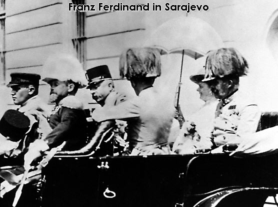 A photograph of Franz Ferdinand and Sophie stepping into their car outside Sarajevo Town Hall, shortly before the assassination.