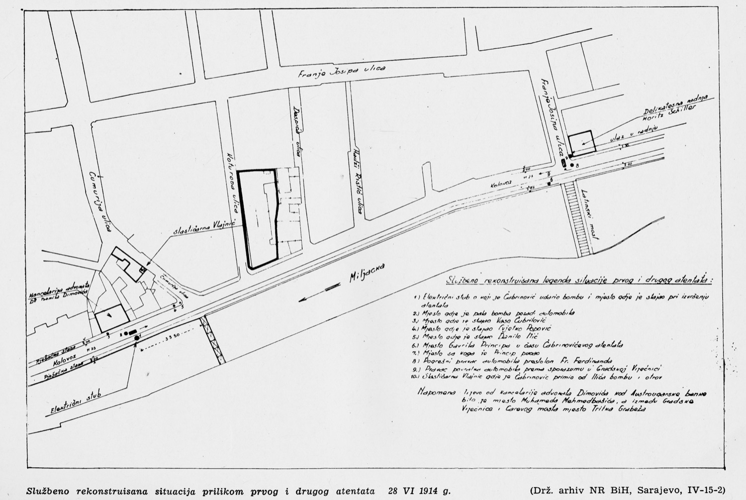 A 1914 map of central Sarajevo showing the motorcade route along the river and the locations of the assassins.