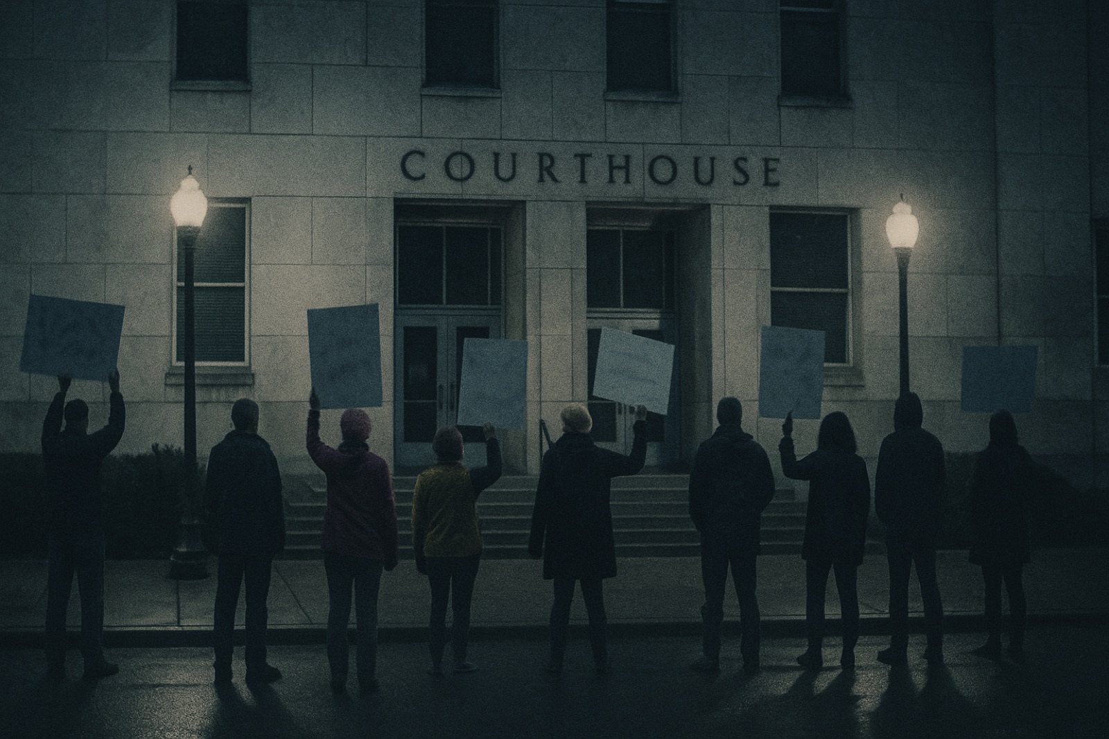A small nighttime gathering of fans with hand-painted signs outside a downtown courthouse, all figures silhouetted or facing away, streetlamps casting warm pools of light on wet asphalt.