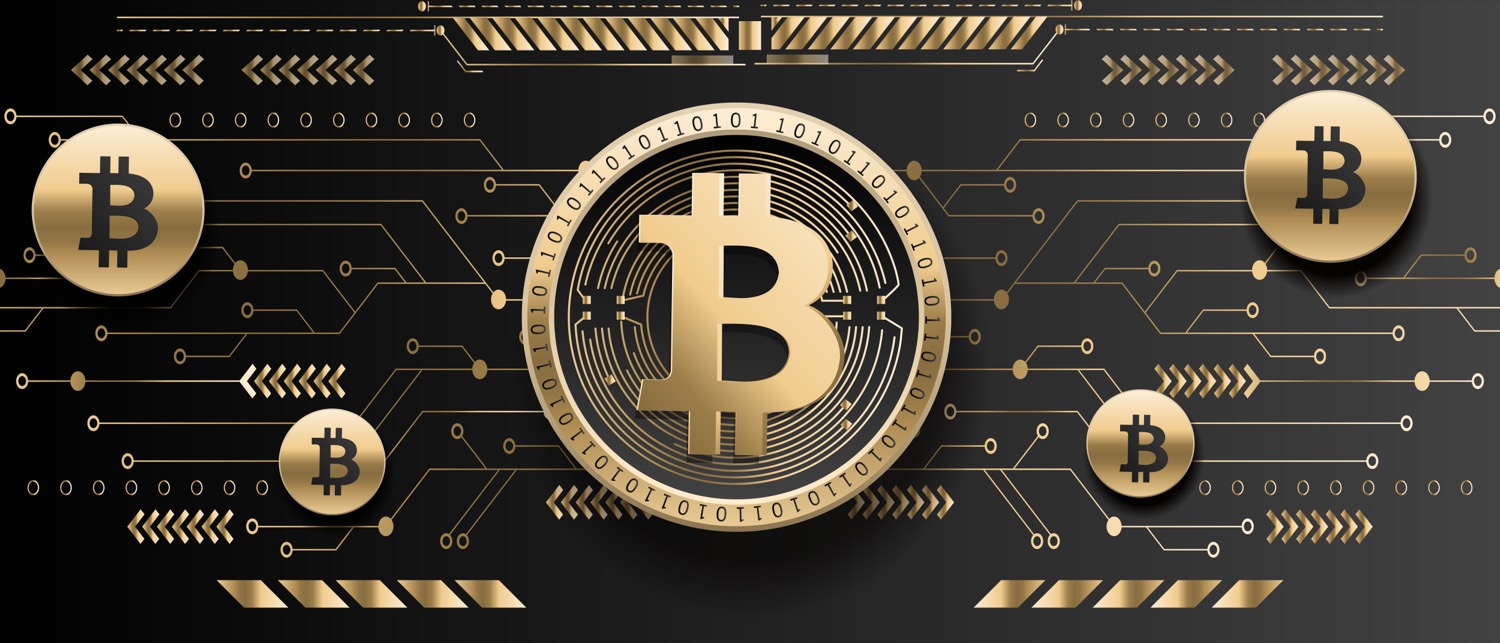 A golden physical coin embossed with the Bitcoin symbol, representing cryptocurrency, against a dark background.