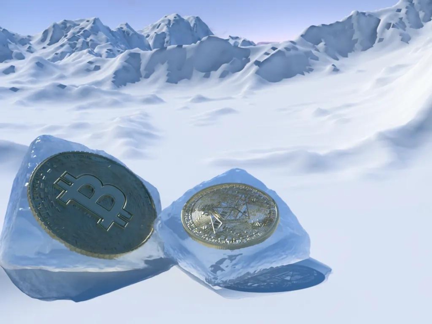 A conceptual image representing a 'crypto winter,' with cryptocurrency coins appearing frozen in ice.