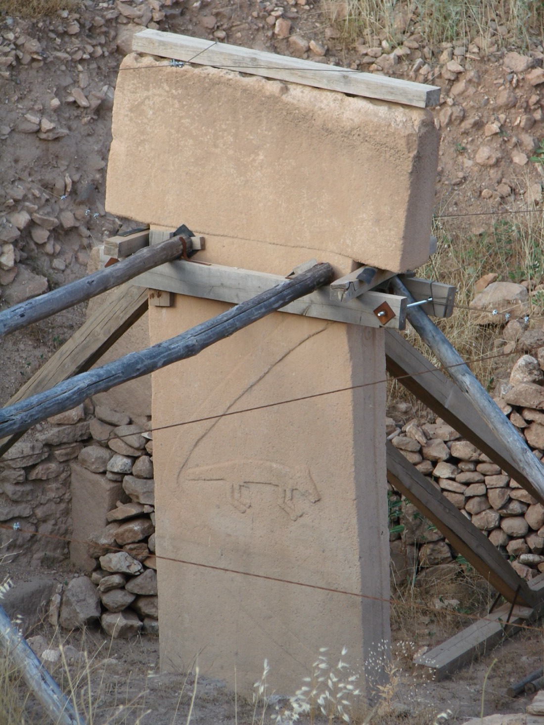 A pillar at Göbekli Tepe carved with a relief of a fox beneath a bent human arm and hand.
