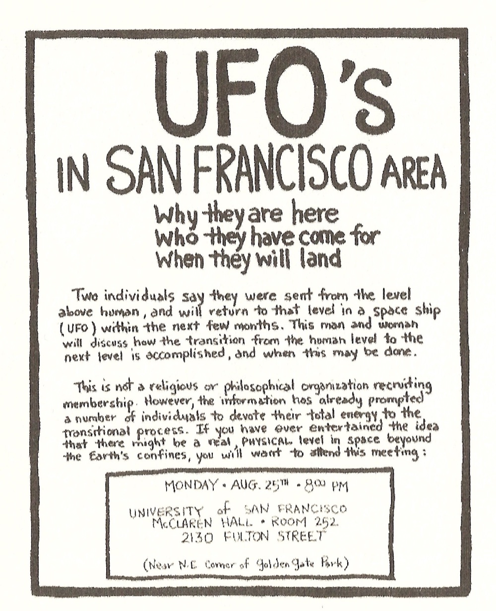 A Heaven's Gate recruitment flyer explaining the group's beliefs about a higher level of existence.