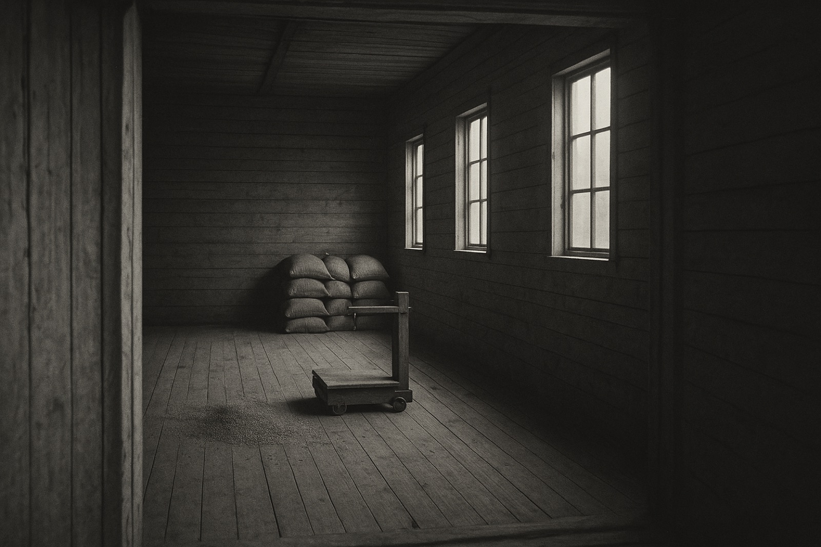 A large grain warehouse interior at end of day — mostly empty, only a few sacks of grain stacked against the rear wall, a long wooden scale at the centre, scattered loose grain on the wooden plank floor, tall narrow windows admitting pale afternoon light, bare timber walls.