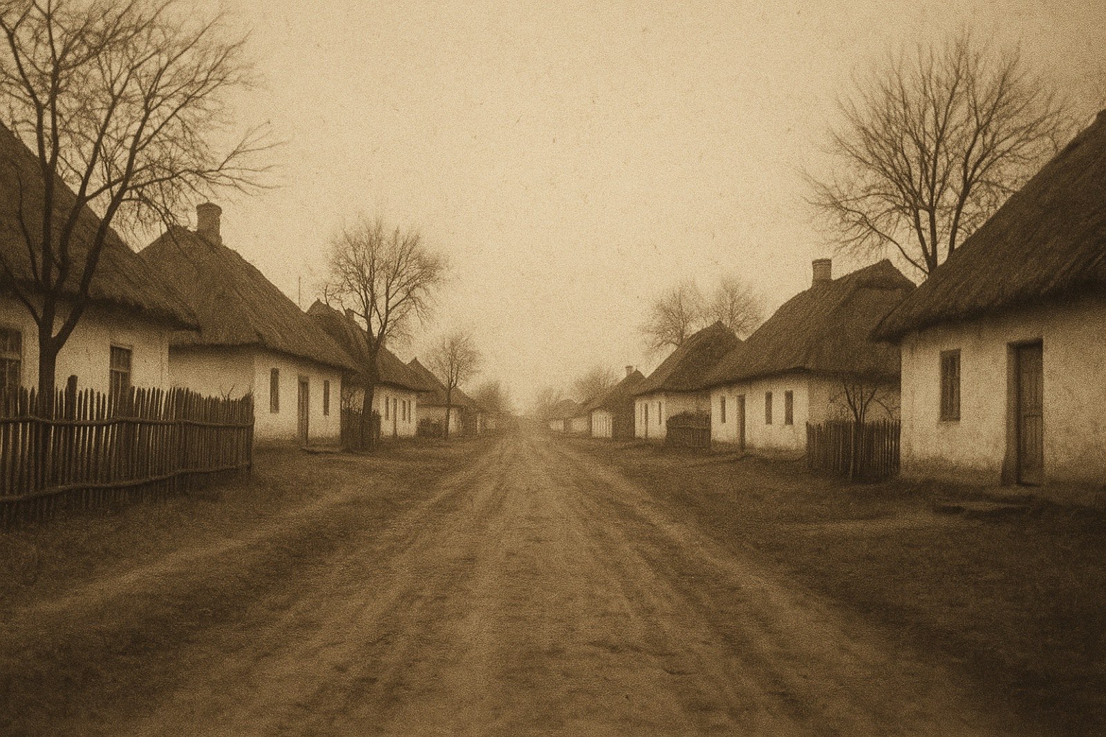 An empty Ukrainian village street in late autumn — low whitewashed peasant cottages with thatched roofs on both sides of an unpaved dirt road, a wooden fence along one side, bare trees, an overcast sky; no people or animals visible.