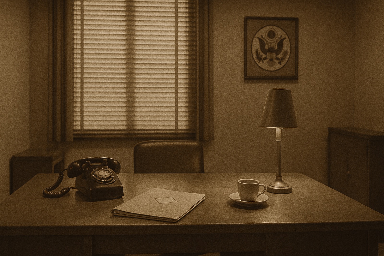 A U.S. embassy political-section office at end of working day in tropical Asia — a heavy wooden desk with a closed manila folder, a black rotary telephone, a brass desk lamp, a half-finished cup of coffee; tall window with closed venetian blinds; a framed embassy seal on the rear wall.