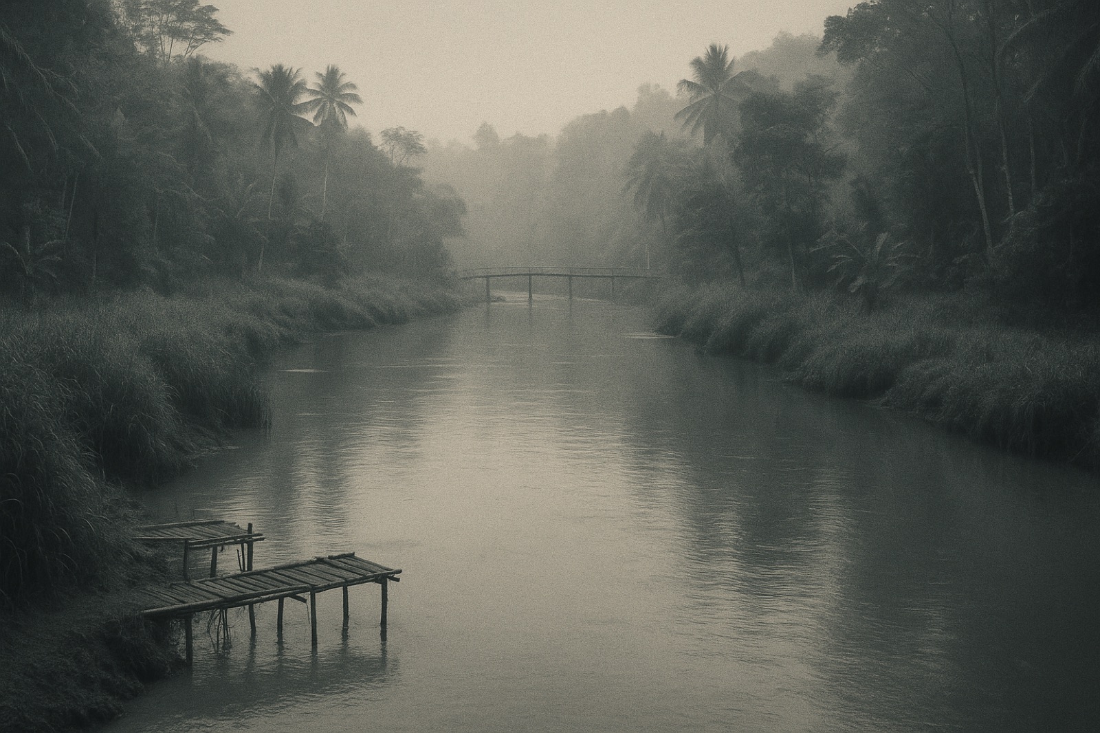 A quiet tropical river flowing slowly through low jungle in central Java at dawn — opaque brown-grey water, reeds along muddy banks, bare wooden fishing platforms, mist in the trees, a small wooden footbridge in the middle distance; no people or boats.