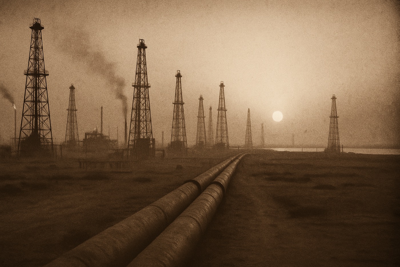 An early-1950s Iranian oil refinery on the Persian Gulf coast at dawn with oil-derrick towers silhouetted against a hazy sky.